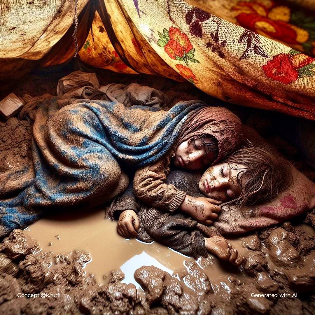 في فلسطين ينام الأطفال في خيمة مهترئة، على وحل من الطين، ويلتحفون بقطعة قماش مبللة بالماء..