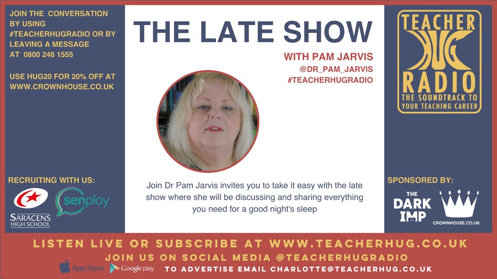 Next, it's time for @Dr_Pam_Jarvis to give us all the tips and tools we need for a great night's sleep. Listen live at teacherhug.co.uk #TeacherHugRadio