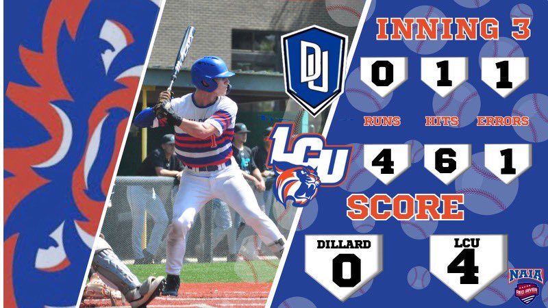 ⚾️ Score Update ⚾️ End 3rd @LCU_bsb - 4 Dillard - 0 A pair of RBI triples by Bertucci & Gotreaux plus Waxley staying hot / an RBI single by Aguilar has the Cats in command early! #ClawsUp ⬆️