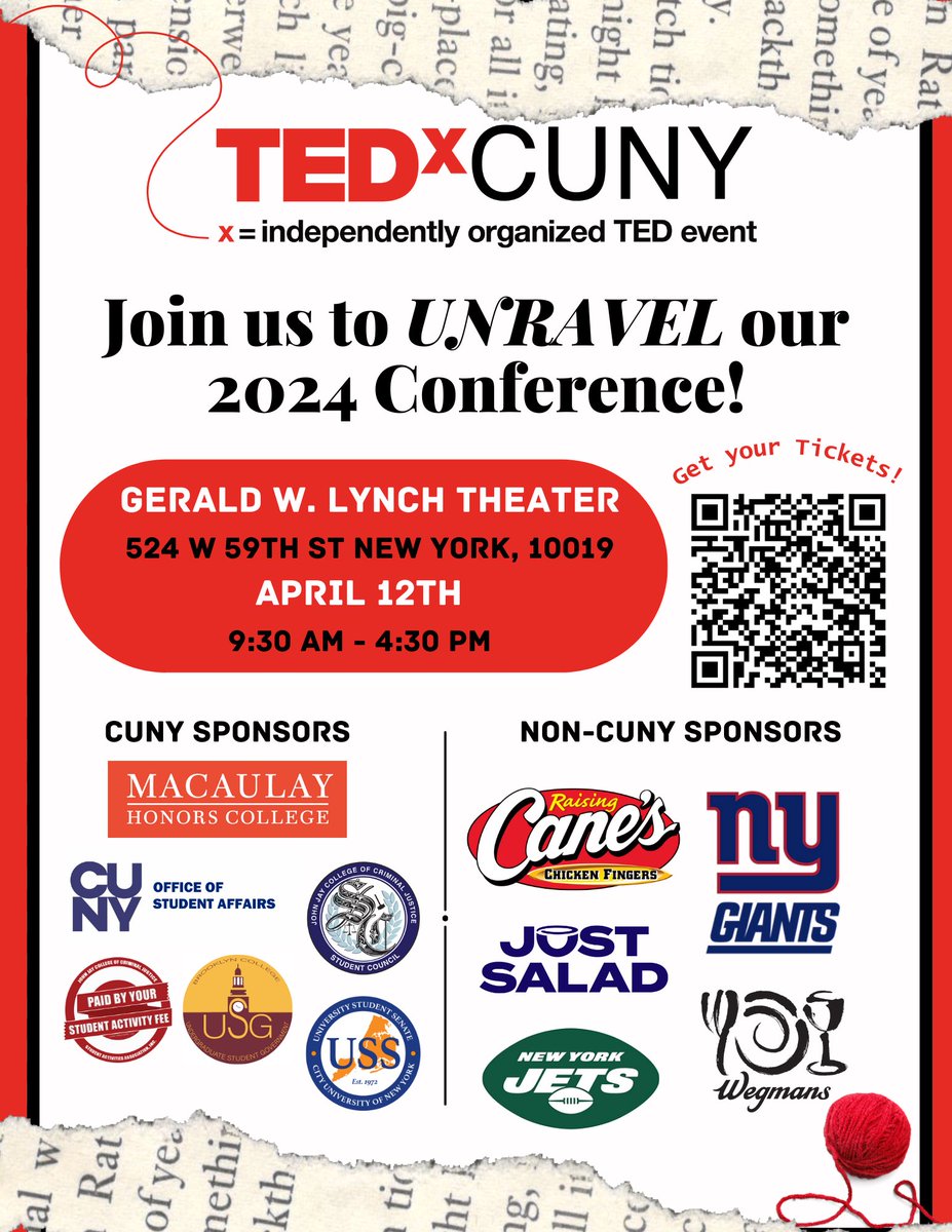 SPONSOR ANNOUNCEMENT?!? Our TEDXCUNY 2024 UNRAVEL Conference could not have been possible without our wonderful sponsors and partnerships! We are a non-profit TEDx organization run by all current CUNY students so to have these sponsors means a lot!