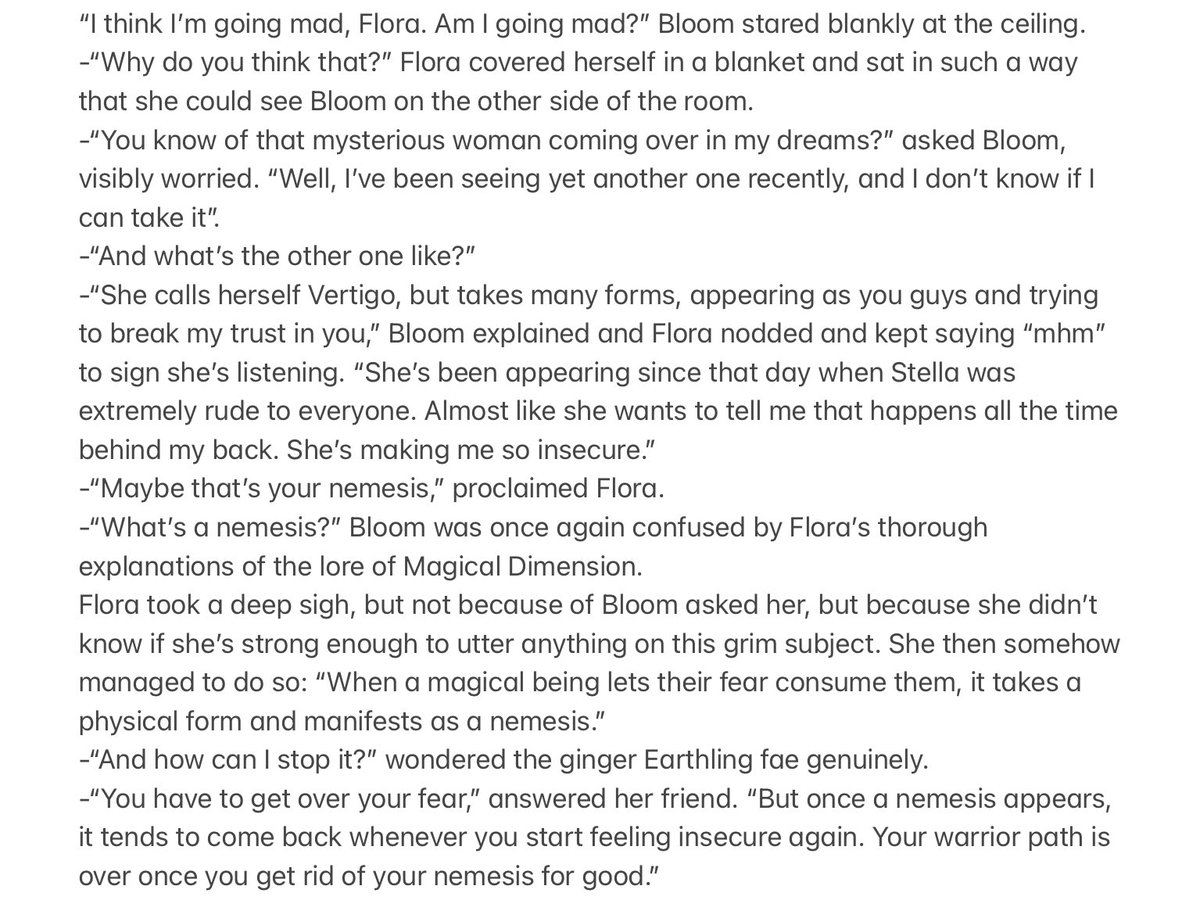 lastfluttering's tweet photo. here is a sneak peek of a conversation between bloom and flora (those will happen a lot due to them being roommates) where the concept of nemeses is first introduced. note that this is a draft and as such it is subject to change. #winx #winxclub #colcotts https://t.co/xuuAyjYYIM