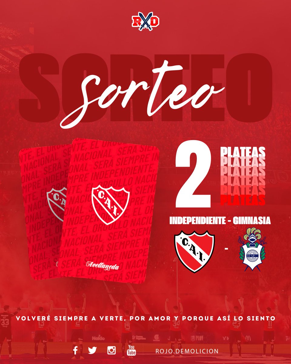 LAS PRIMERAS DEL AÑO 🔥🇦🇹

👉🏼 Te queres ganar 2 (Dos) plateas para ir a ver #Independiente - Gimnasia? 👹🇦🇹

• Seguirnos ✅
• Dar RT y Like

LISTO ✔️ 

Para tener doble chances de ganar, podes participar en Instagram (rojo.demolicion)

Se sortea el Viernes 2/2. MUCHA SUERTE 🍀