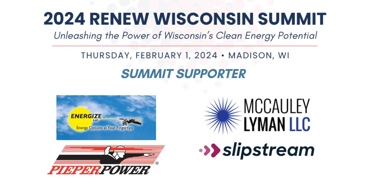 Thank you to Energize LLC, McCauley Lymann, Pieper Power, and Slipstream for being Summit Supporters and sponsoring the #2024RENEWWisconsinSummit! Register now for the Summit and learn more about these great organizations. ☀️ loom.ly/d6nudYk