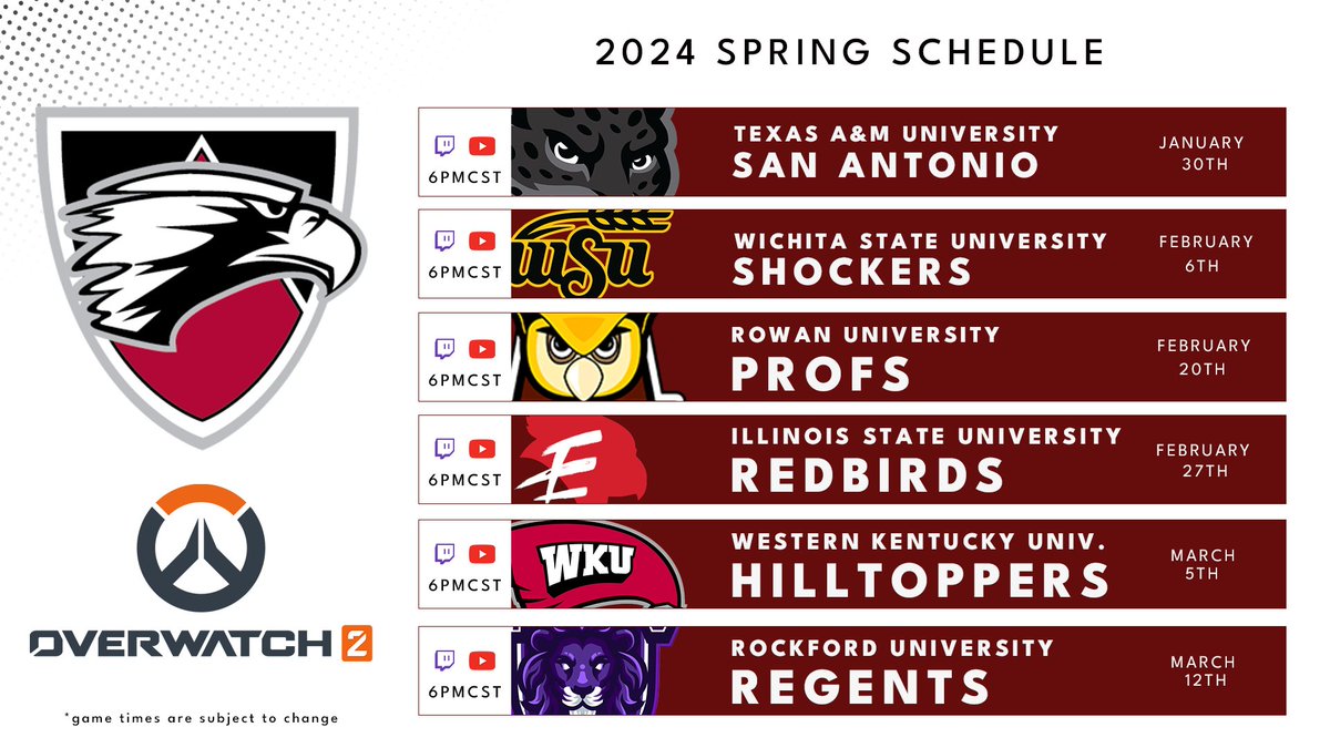 The 2024 Spring Overwatch Schedule is here!

#nace #Overwatch2 #collegiateesports #edgewoodcollegeeagles