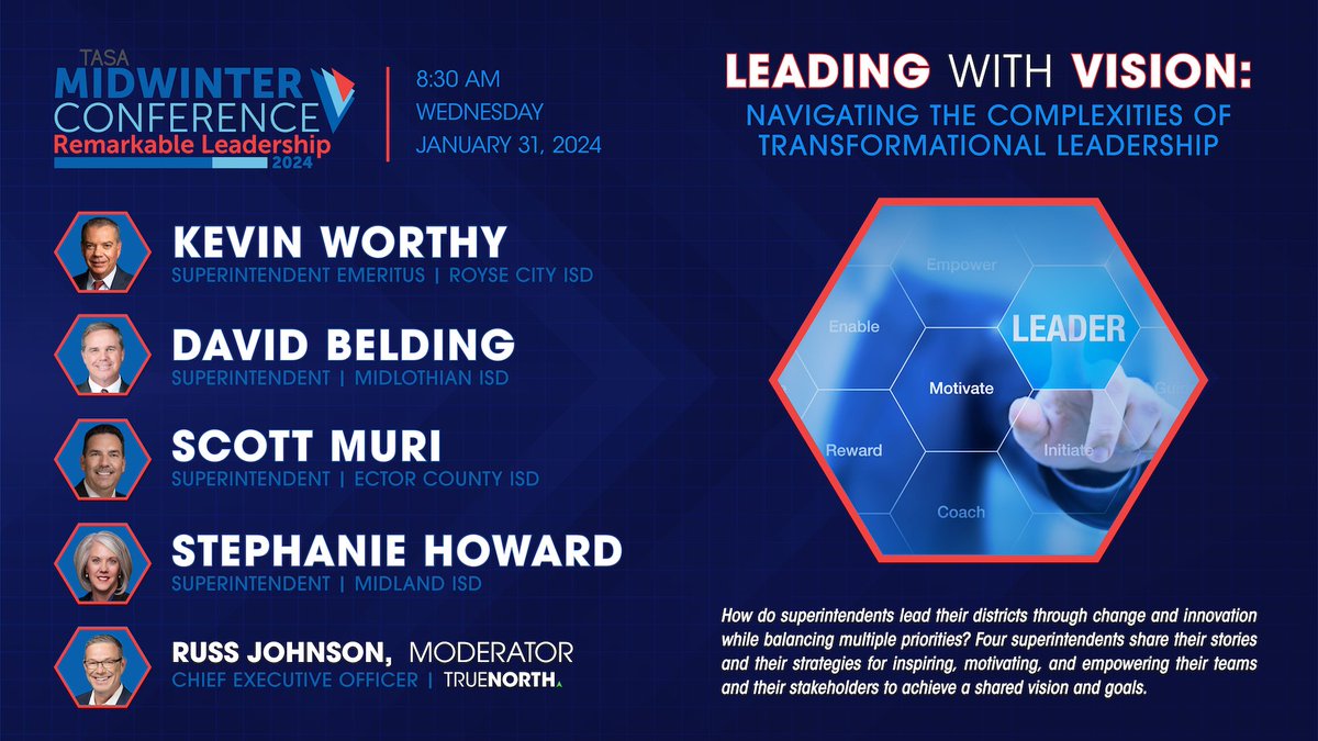 Join us at #TASA2024 on Monday and Wednesday to hear from remarkable leaders as they unpack #schoolsafety and #LeadershipMatters.

#txed #RemarkableLeadership #InspiringLeaders @tasanet #PublicEducation #education #edtech #EDU #students