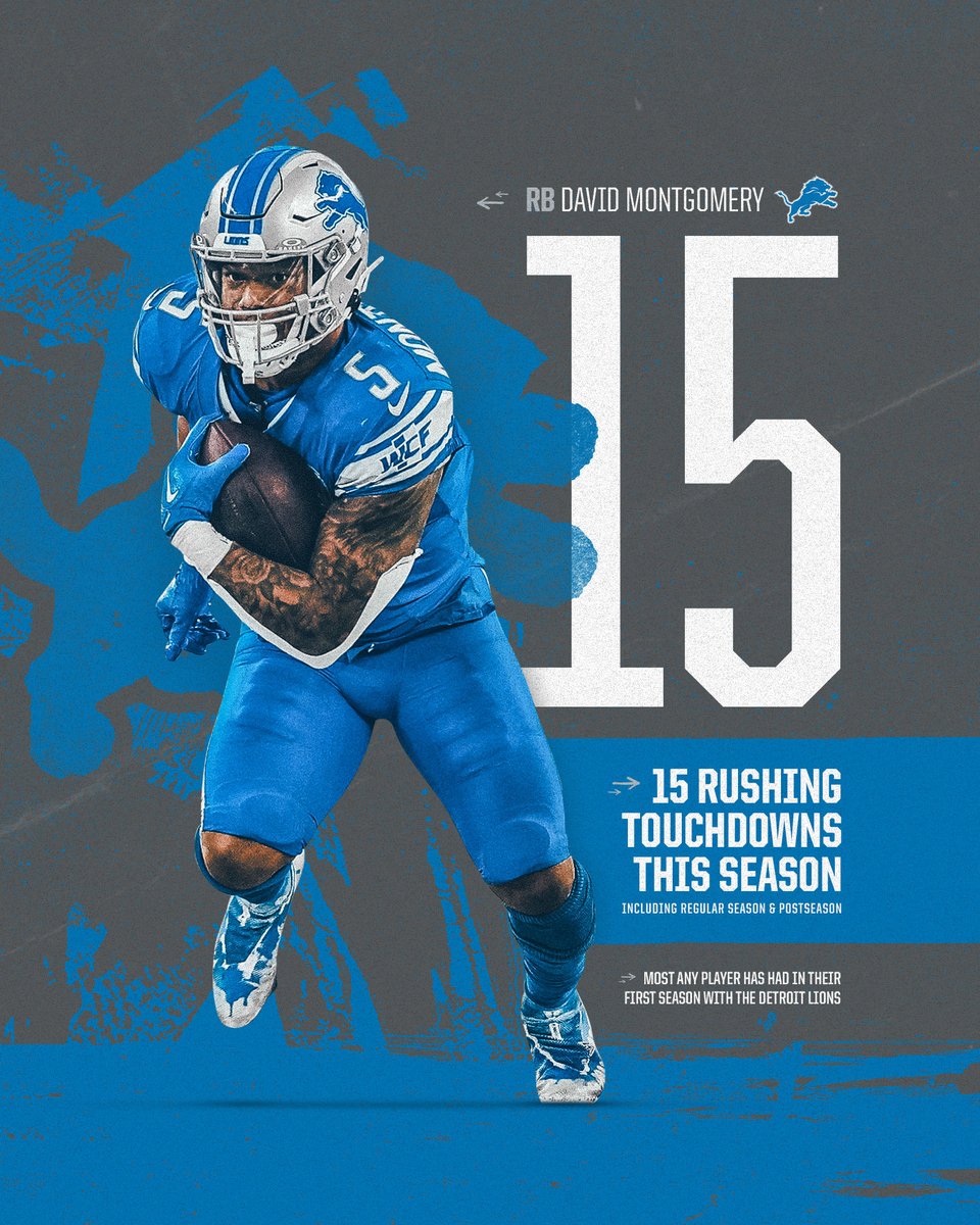 LionsPR's tweet photo. .@Lions RB @MontgomerDavid rushes for his 15th TD of the season when combining the regular season and postseason.
 
This combines for the most rushing TDs any player has had in their first season for Detroit.

#AllGrit https://t.co/nHOVdZAUZr