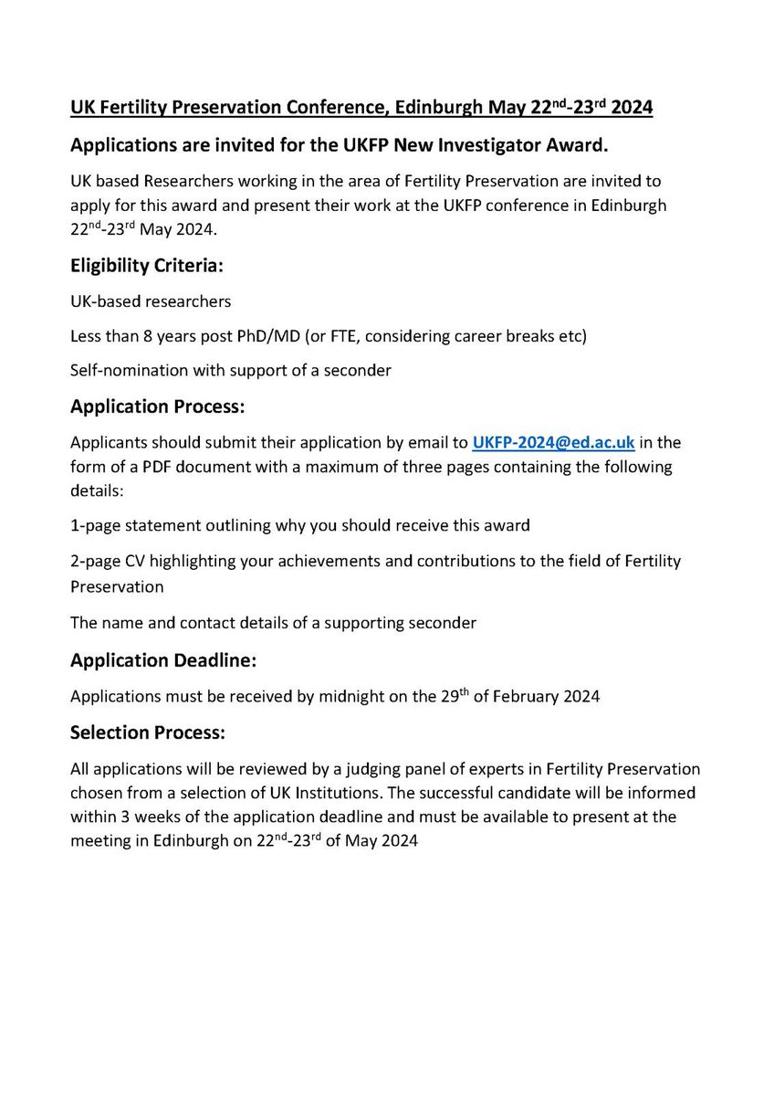 The UKFP meeting is introducing a New Investigator Award. Check out the details 👇#UKFP @BritFertSoc @SRF_Repro @EdinUni_CRH #FertilityPreservation