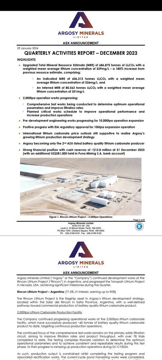 $AGY QAR, with substantial resource upgrade - 180% increase to 686kt LCE at Rincon Project. $AGY progressing to finalise next significant milestones confirming ambitions and near-term growth phase toward commercial production operations.