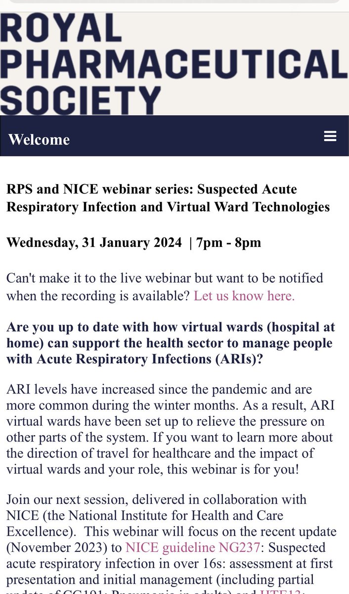 Join me & Kym Lowder next week Wed 31.1.24 for this webinar ⬇️where we’ll be discussing #VirtualWards #Respiratory 
@NICEComms 
Register events.rpharms.com/ereg/newreg.ph…