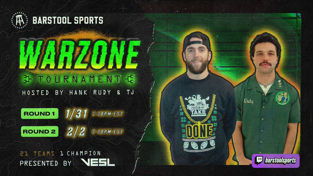 21 teams, only 1 will walk away richer.

Tune in Wednesday (1/31) &amp; Friday (2/2) to see who comes out on top.
m.twitch.tv/barstoolsports

Hosted by @rudeboy_junda, <a href="/hen_ease/">Hank Lockwood</a>, &amp; <a href="/TJHitchings/">TJ</a> 

Presented by @VESLGG