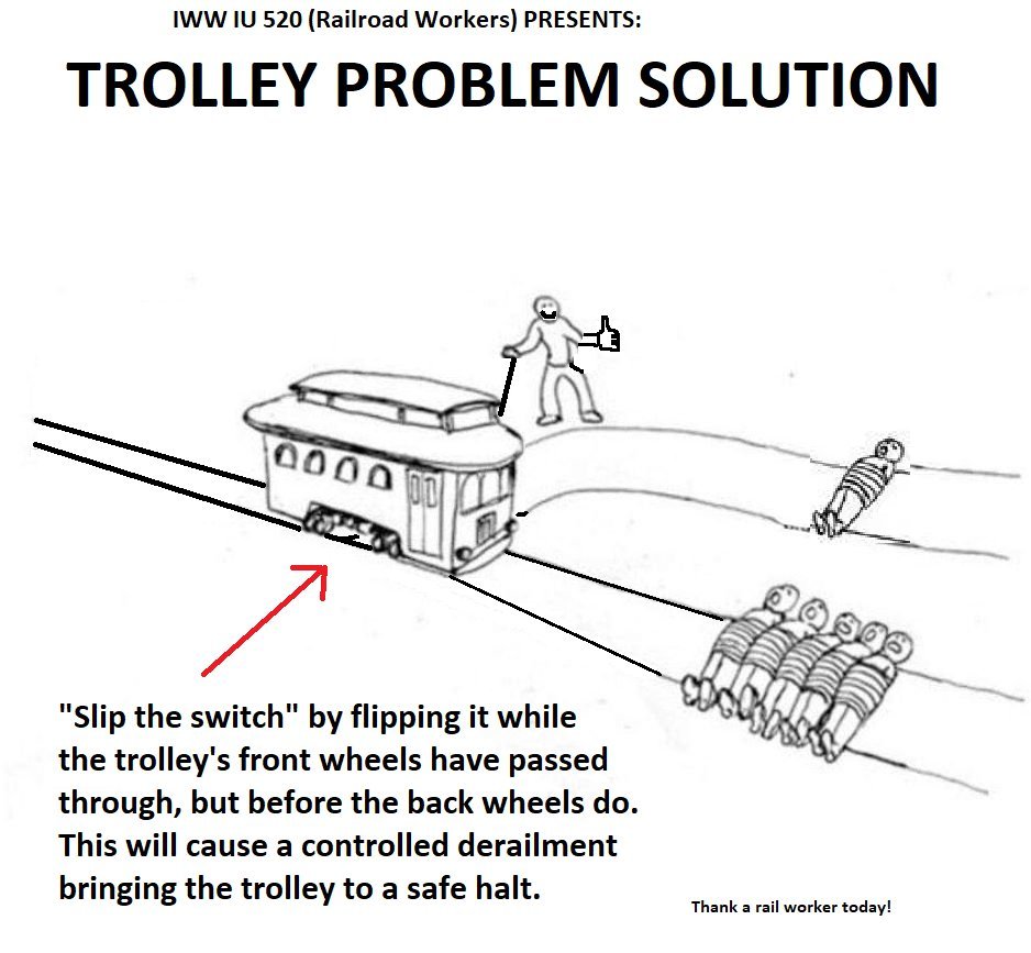 jjainschigg's tweet image. Vindication for the solution I've provided to all trolley problems for decades. Derailment. This one offered by union railroad workers.