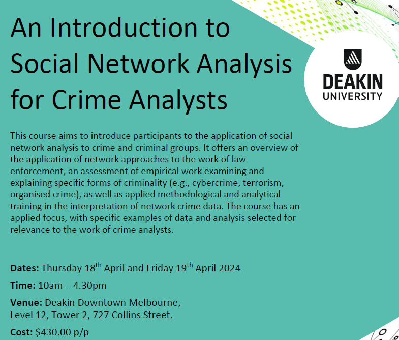 BrightProfessor's tweet photo. If you work in law enforcement, security, intelligence, criminal justice, criminology or related fields and would like to learn more about Social Network Analysis, join me in April 2024 for a two-day introductory course.
Register: https://t.co/CCOWrDAIYH
#sna
#crimeanalysis https://t.co/ALZszGkPyf