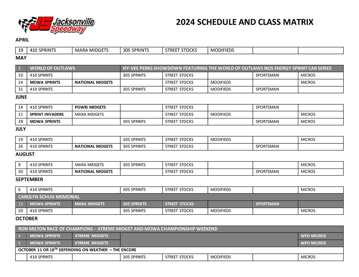 Another item crossed off my To Do list. @jaxspeedway schedule is done. Next up, the @mowasprints schedule at halftime of tonight's game.