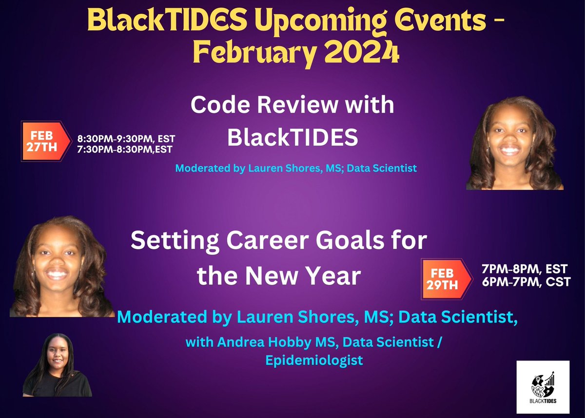 Mark your calendars 🗓️: Registration details will be out by February 4th, 2024, so be sure to sign up early, as spots will fill up fast!💨 #BlackTIDES #Python #Tableau #KNIME #DataScience #DataAnalytics #Informatics #Epidemiology #Technology #BlkNData 🌟