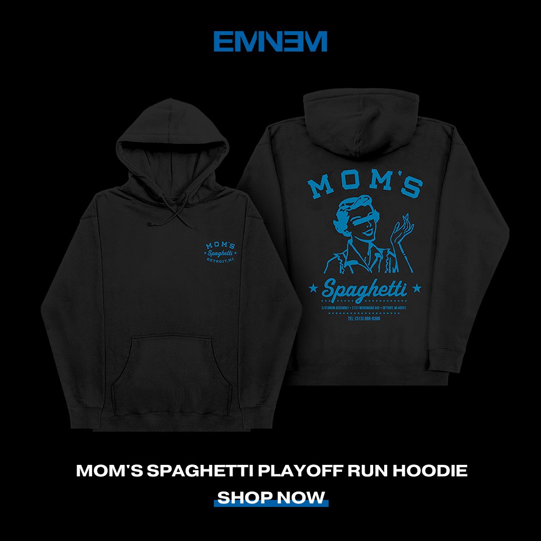 “Go get your crew to hype you up, stand behind you like, 'Woo' - Ltd edition #MomsSpaghetti Playoff Run hoodie now available just in time for game day 🍝 shop.eminem.com