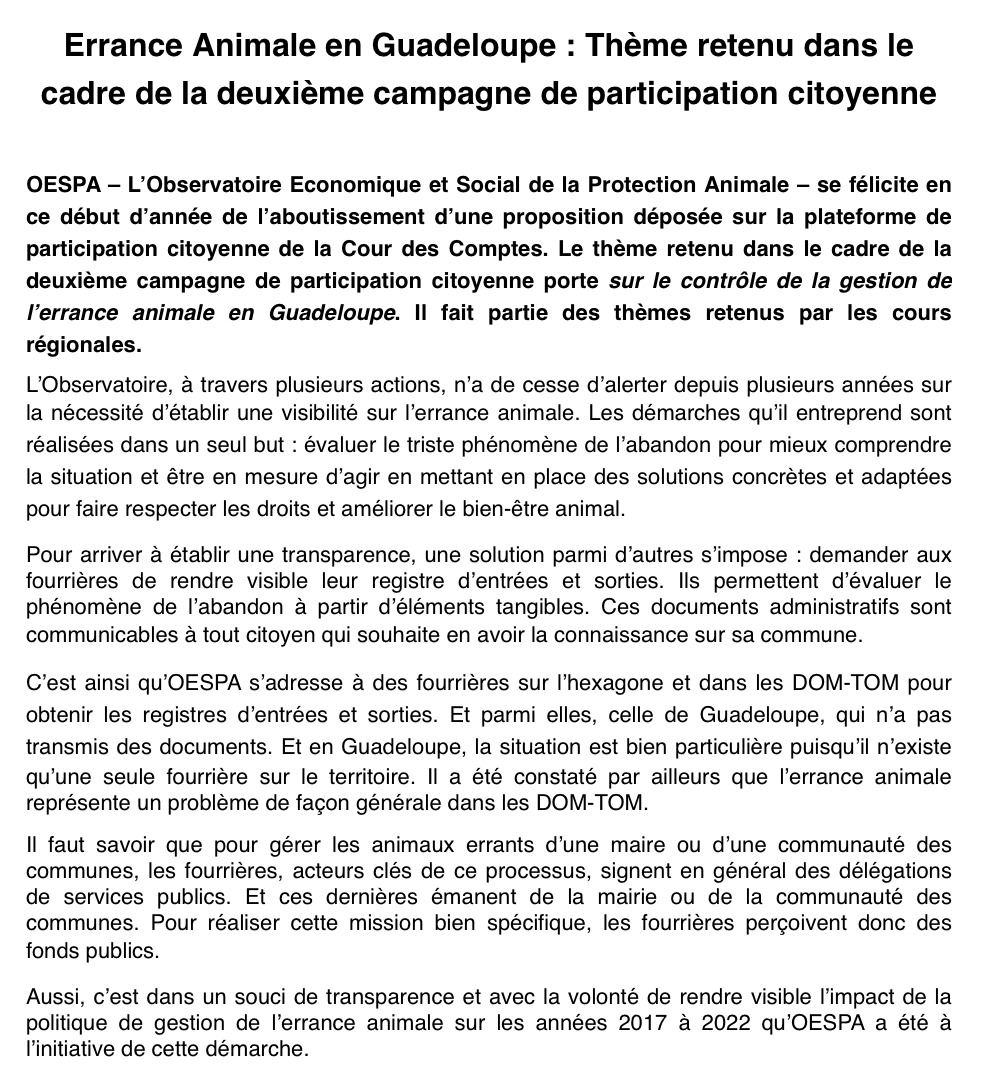 Nous soutenons l'<a href="/ObservatoirESPA/">oespa</a> ! Lorsque nous avons demandé les registres entrées/sorties à l'unique fourrière de l'ile, elle nous a réclamé... 7000€ ! Combien d'animaux sont euthanasiés en Guadeloupe ?
<a href="/FAGuadeloupe/">France Antilles Gpe</a> <a href="/RCI_GP/">RCI Guadeloupe</a> <a href="/collectifchats/">Collectif Chats & Cie</a> <a href="/onevoiceanimal/">One Voice</a> <a href="/GwadZanimo/">Guadeloupe Animaux</a> <a href="/afpfr/">Agence France-Presse</a>