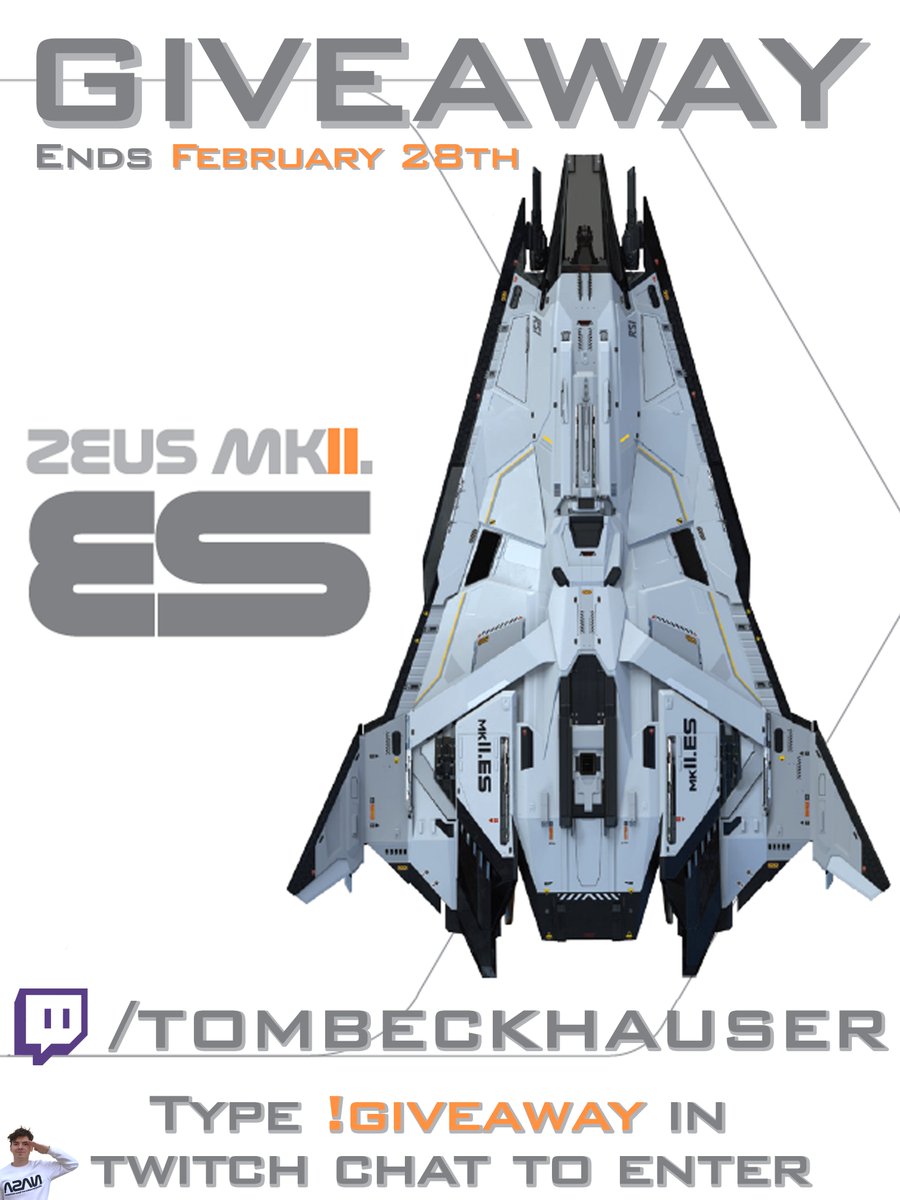 Would you like to add a Zeus MK II ES to your hangar? What about one with LTI? You have a chance to WIN! 

Type !giveaway in my Twitch chat to find out more. The giveaway starts tomorrow and ends on February 28th! 

Good Luck! 🚀🥳🍀 
#StarCitizen #twitchgiveaway