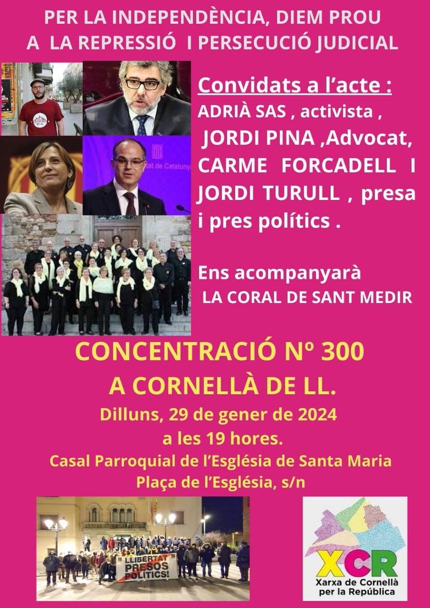 Dilluns 29 de gener de 2024 👉 300 CONCENTRACIÓ PER A LA INDEPENDÈNCIA i .....🎗️ ENS ACOMPANYARAN: ADRIÀ SAS, JORDI PINA, CARME FORCADELL i JORDI TURULL, 👉A les 19.00h. a la Sala d'actes del Casal Parroquial.