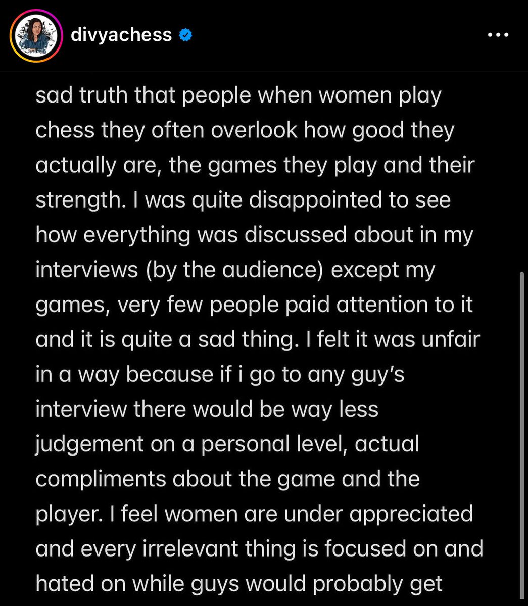 GothamChess's tweet image. Divya Deshmukh, one of the future stars of Indian chess, has shared her thoughts on how women are treated in the chess world. 

This is extremely sad.