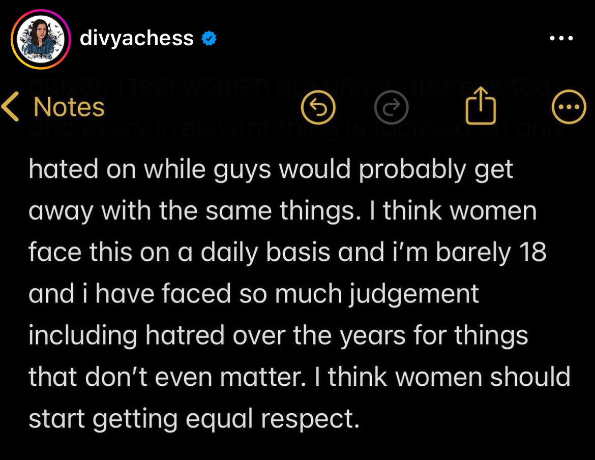 GothamChess's tweet image. Divya Deshmukh, one of the future stars of Indian chess, has shared her thoughts on how women are treated in the chess world. 

This is extremely sad.
