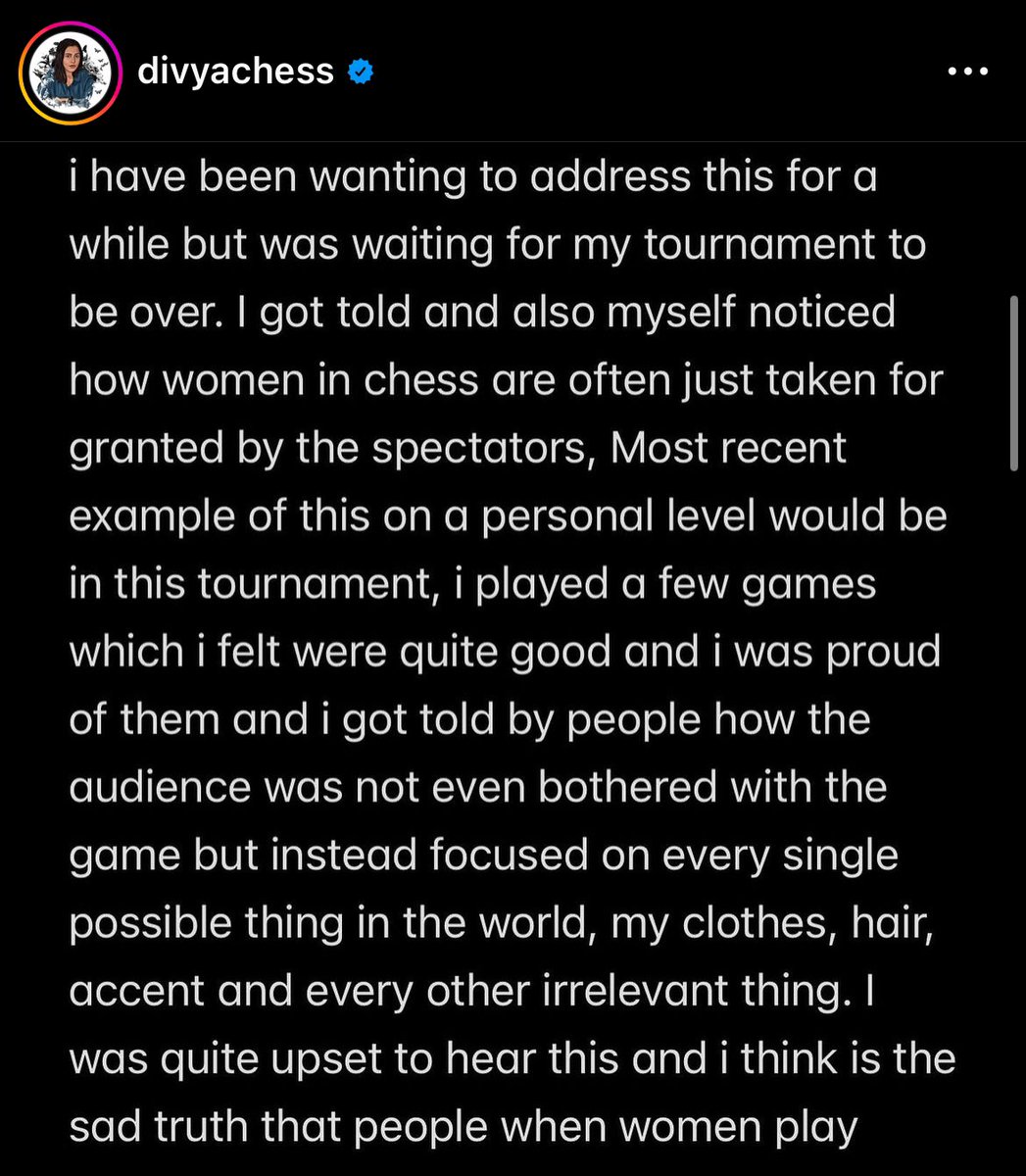 GothamChess's tweet image. Divya Deshmukh, one of the future stars of Indian chess, has shared her thoughts on how women are treated in the chess world. 

This is extremely sad.