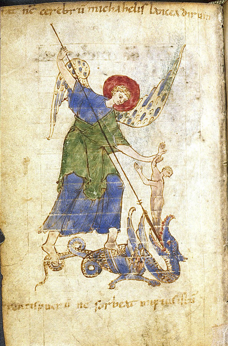 The Archangel Michael slaying the dragon, and pulling a soul from the dragon's mouth  

BL Egerton 3763; 'Prayer book of Archbishop Arnulph II of Milan'; between 998 CE &amp; 1018 CE; Italy, N. (Milan); f.104v <a href="/BLMedieval/">Medieval Manuscripts</a>