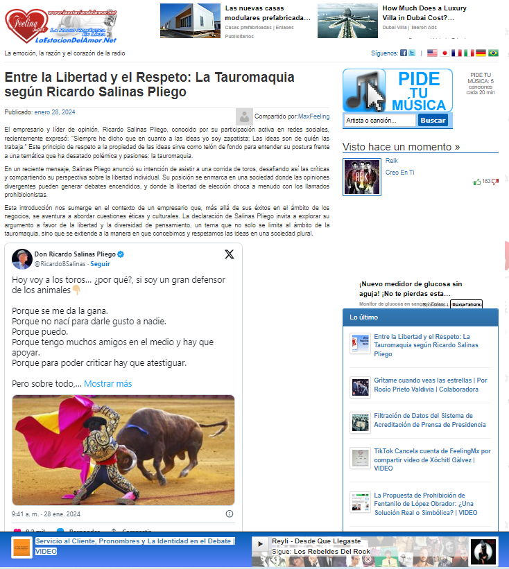 FeelingMx's tweet photo. En un reciente mensaje, @RicardoBSalinas anunció su intención de asistir a la corrida de toros, desafiando así las críticas y compartiendo su perspectiva sobre la libertad individual.  https://t.co/c4sW8LIKRY https://t.co/2xlkWEs6GA