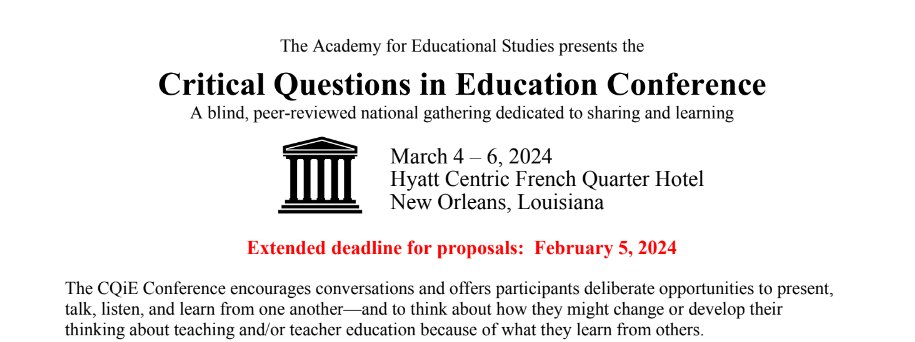 Academy for Educational Studies (@studiesacademy) on Twitter photo We've had many requests to extend the deadline for proposals, so we are accepting proposals through 2/5/24. Email your proposal to academyedstudies@gmail.com We've had many requests to extend the deadline for proposals, so we are accepting proposals through 2/5/24. Email your proposal to academyedstudies@gmail.com