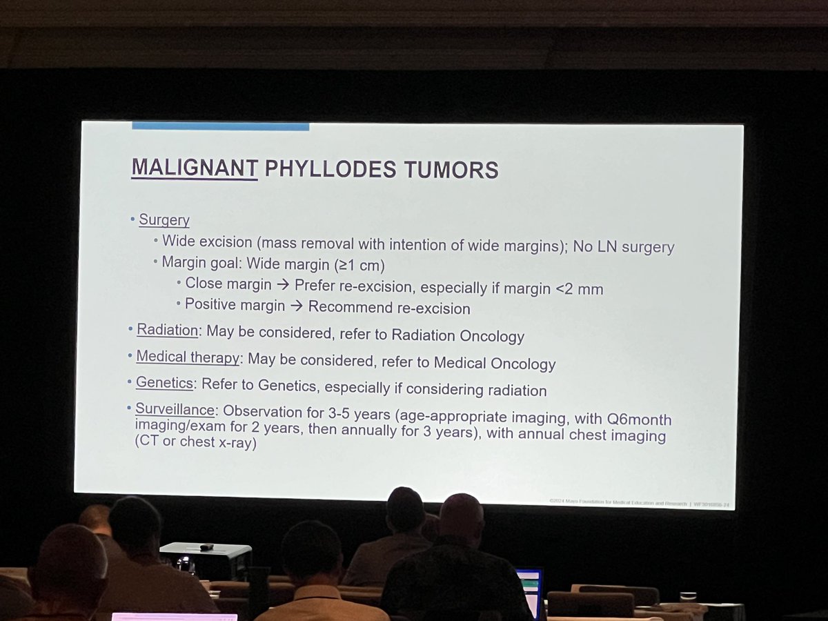 Treatment guidelines from #JulieBillarMD from #MayoClinicAZ on benign, borderline, and malignant #PhyllodesTumor @MayoClinic Interactive Surgery Symposium #MayoISS24