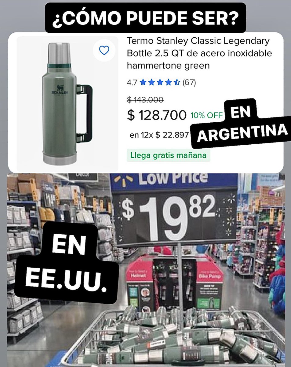 Nikgaturro's tweet photo. ¿Alguien me puede explicar esto? Termo Stanley en Argentina: 128.000 pesos. Mismo termo en EE.UU: 19 dólares. ¿Qué pasa en el medio? https://t.co/KOqbN5xFOu