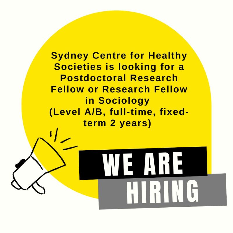 **Final chance to apply for our Postdoctoral/Research Fellow role in Sociology <a href="/Sydney_CHS/">Sydney Centre for Healthy Societies</a>** Closing date 1 Feb!  usyd.wd3.myworkdayjobs.com/en-US/USYD_EXT… - chance to work with a great team (if we do say so ourselves) and conduct important research!