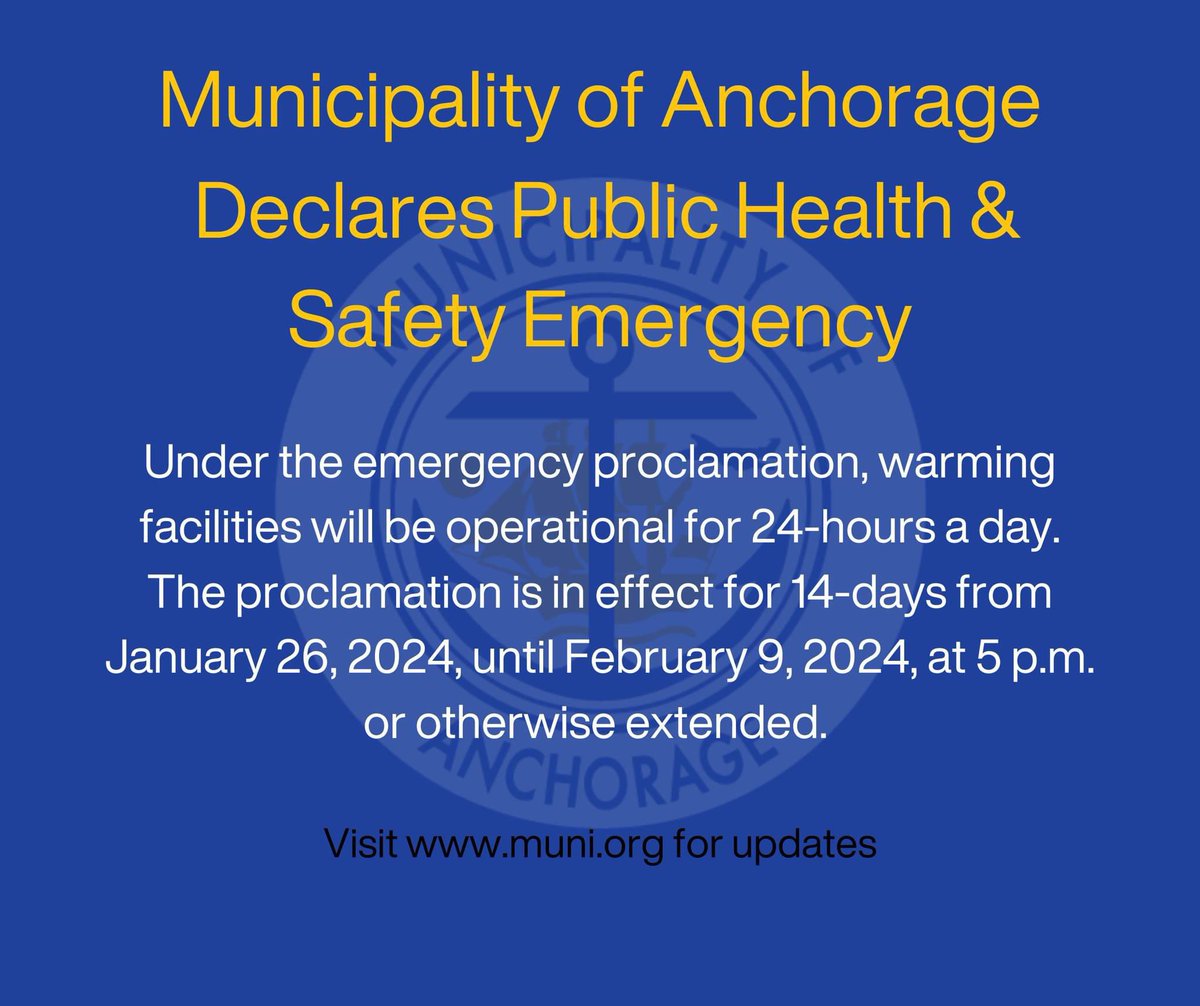 An emergency proclamation is in effect to allow capacity expansion of warming facilities in Anchorage. Read the full press release here: muni.org/Departments/Ma…