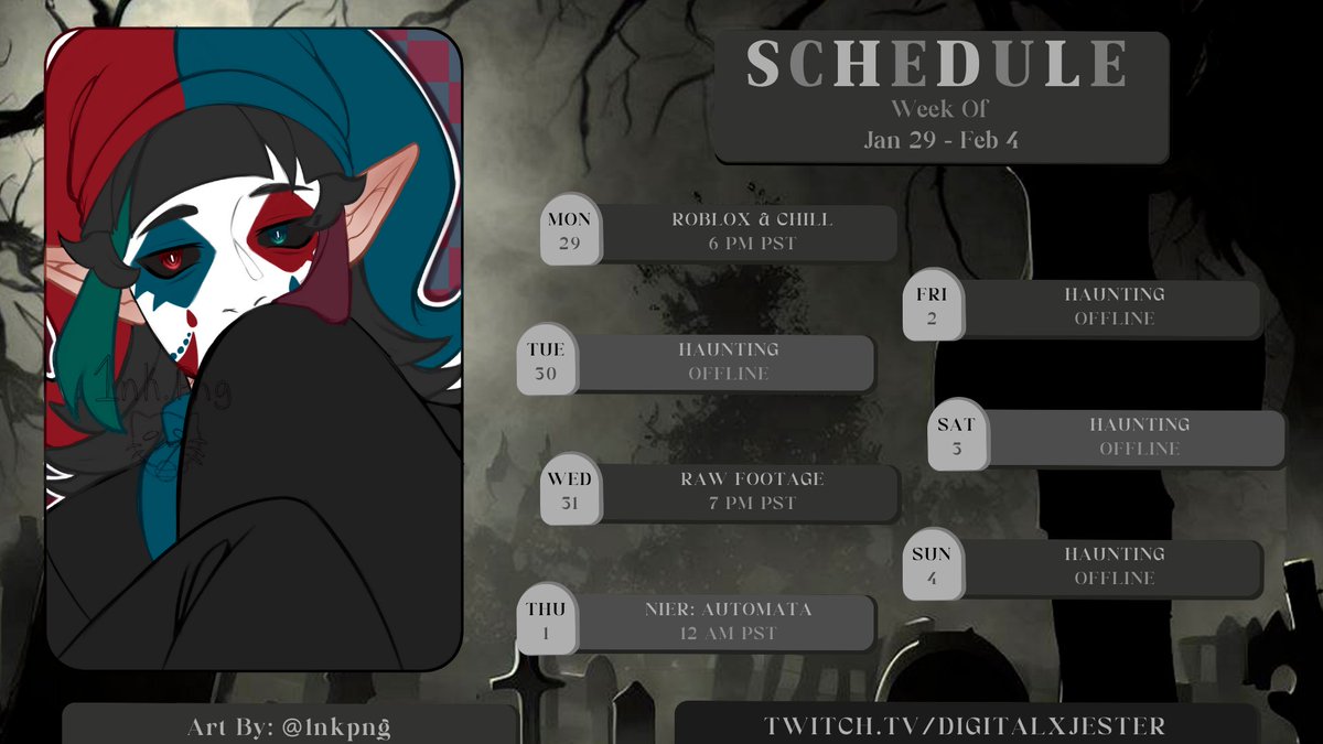 DigitalxJester's tweet image. AND HERE IT IS!!! Very excited to stream again this week since I'm no longer dying!!! (Again lol) 
🃏🪦🎭
Twitch.tv/digitalxjester
#Vtuber #PNGTuber #VTuberUprising #VTuberSupport #ENVTuber #StreamSchedual #TwitchStreamer