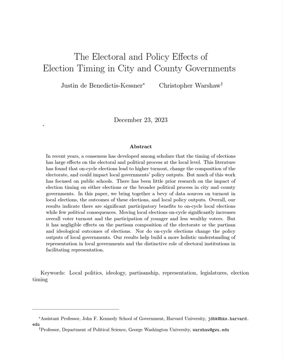 Very important paper from @cwarshaw and @jdbk about the effect of consolidating elections. Turnout is increased. However, results don't change very much. A huge dataset and careful attention to method. A must-read. scholar.harvard.edu/sites/scholar.…