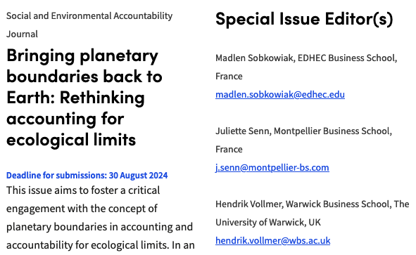 #SEAJ CALL FOR PAPERS! 🌏 Bringing #planetary boundaries back to #Earth: Rethinking #accounting for #ecological limits! Deadline: 30 Aug 2024 Special Iss Eds @madlen_sob @EDHEC_BSchool @SennJul @Montpellier_BS @hendrikvollmer @uniofwarwick @csearUK csear.co.uk/sea-journal/