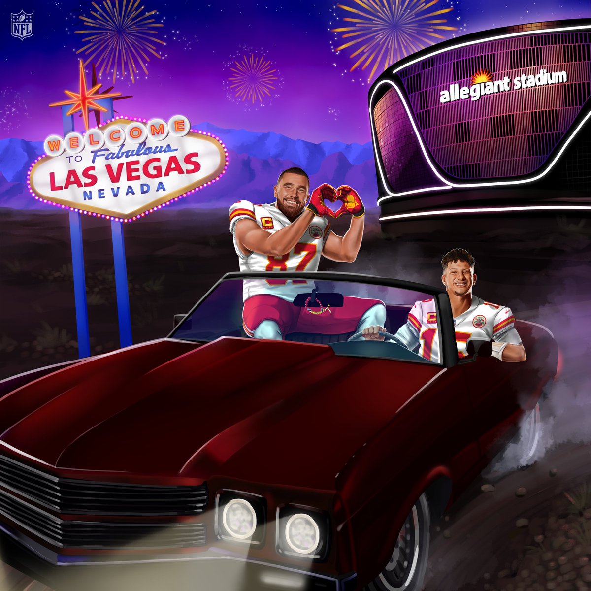 NFL's tweet image. Ridin' in a getaway car to Vegas. #SBLVIII