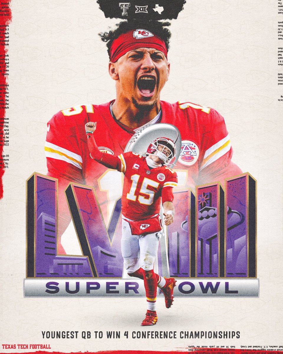 TexasTechFB's tweet image. The youngest QB to reach four Super Bowls. 

We're living in the Mahomes Era 💪

#WreckEm | @PatrickMahomes