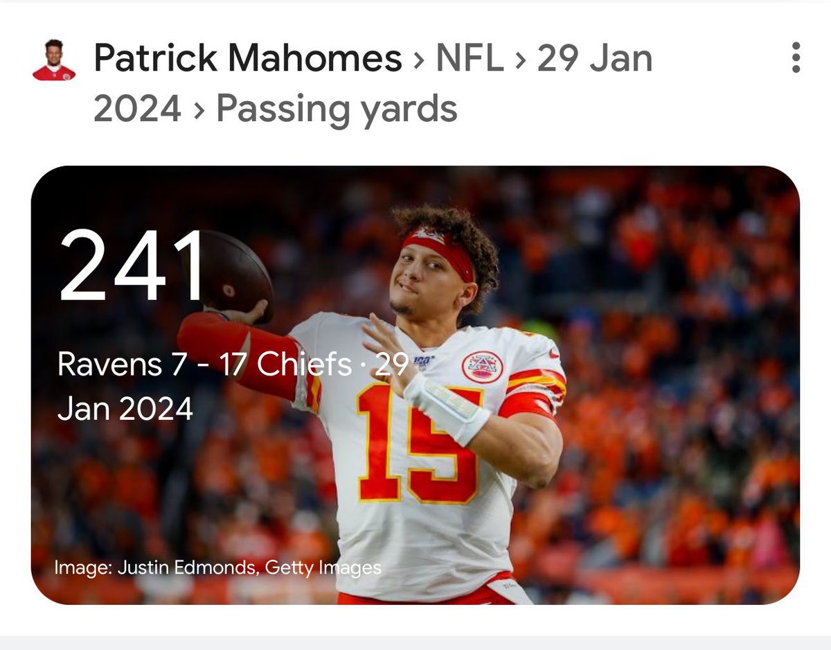 Kuma's tweet image. $10 bet that he would break 240.5 and he did. Only just. 😅 #chiefs #nfl