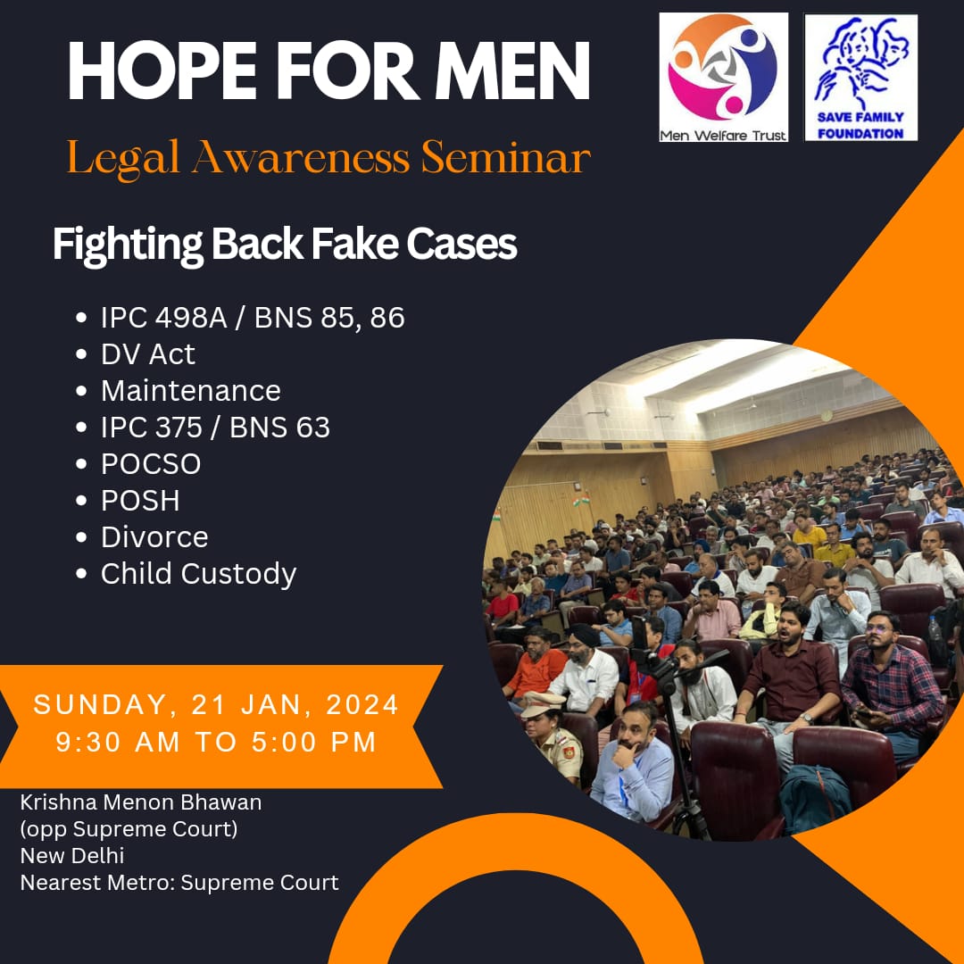 kumar19776's tweet image. Men from Delhi-NCR &amp;amp; near-by places, if ur facing false dowry cases, DV, Maintenance cases,
going through difficult divorce or anticipating this &amp;amp; want to know how to cope up &amp;amp; fight back in such situations, then be there at #HopeForMen seminar, Sun, 21 Jan, 9:30 AM to 5:00 PM.