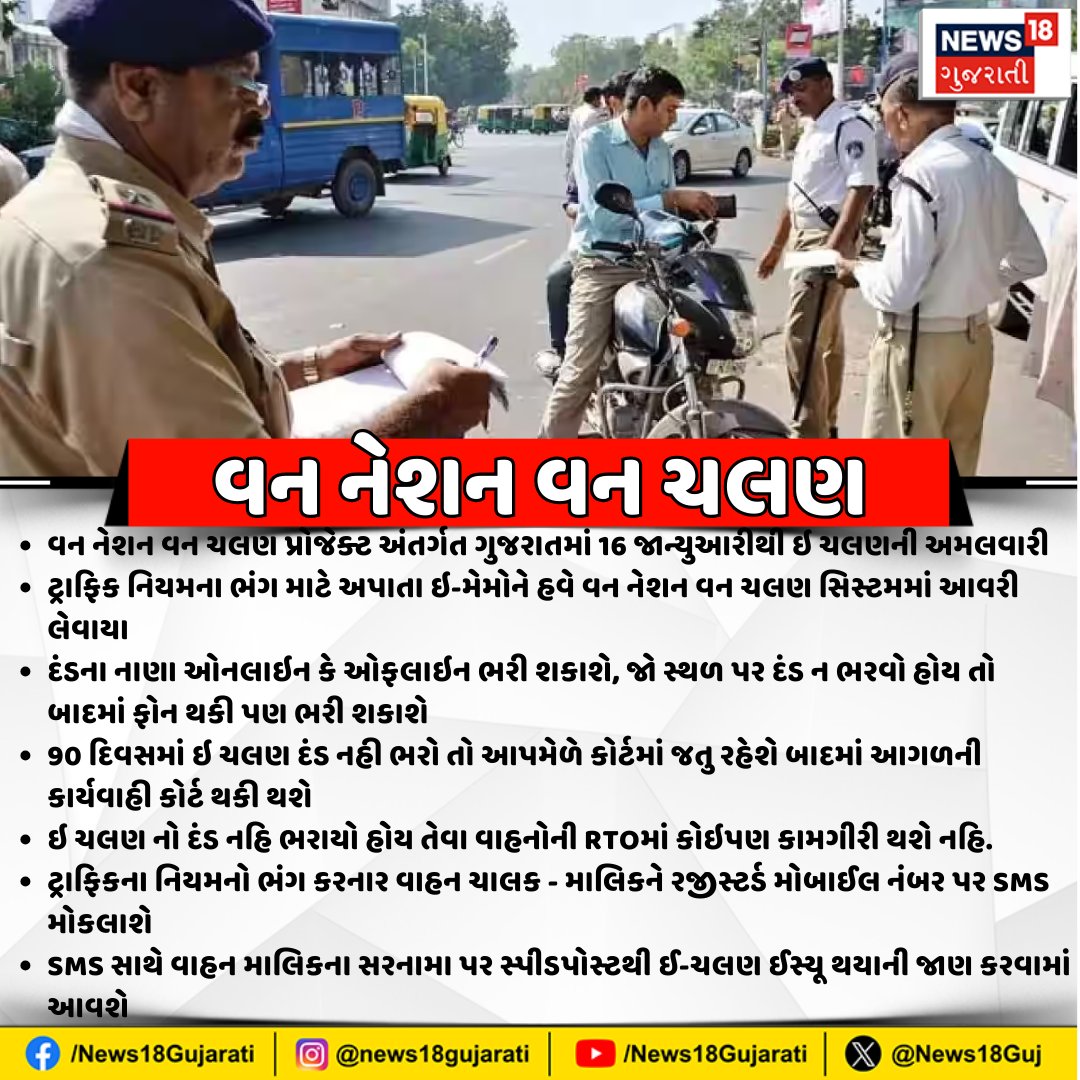 News18Guj's tweet photo. વન નેશન વન ચલણ પ્રોજેક્ટ અંતર્ગત ગુજરાતમાં 16 જાન્યુઆરીથી ઇ ચલણની અમલવારી #onenationonechallan #trafficmemo #EChallan #ahmedabad #TrafficAlert #gujaratinews https://t.co/AouAixkElt