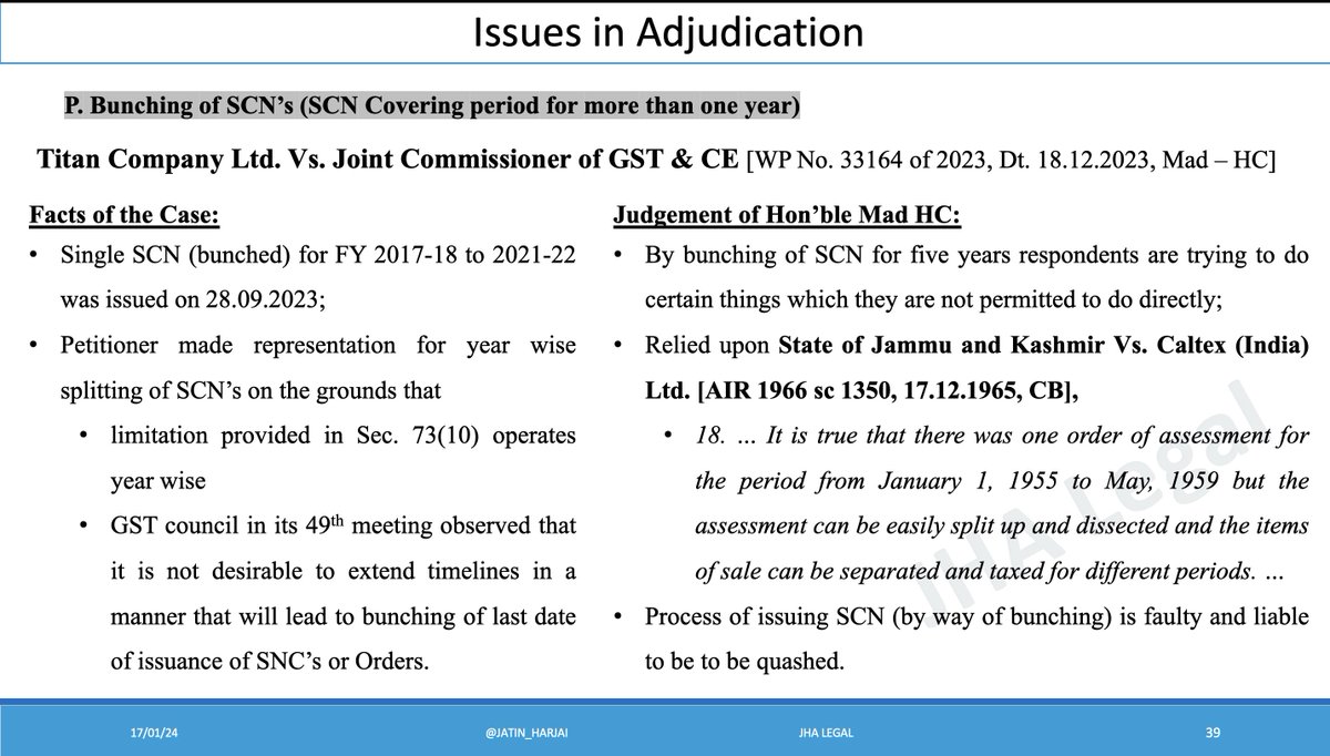 Can SCN under #GST law be issued for period more than one year ? 

Interesting issue addressed by hon'ble Madras High Court, whereby it was held that GST law doesn’t permit bunching of SCN's. 

[WP No. 33164/ 2023, Dt. 18.12.2023]

#law #legalupdate #Tax