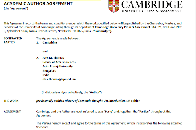 Signed the contract with @CambridgeUP for my 2nd book History of Economic Thought: An Introduction. For support & time to work on the proposal, I am grateful to @arjun_jayadev @amitbasole @azimpremjiuniv @RanaAnwesha @royanandadeep