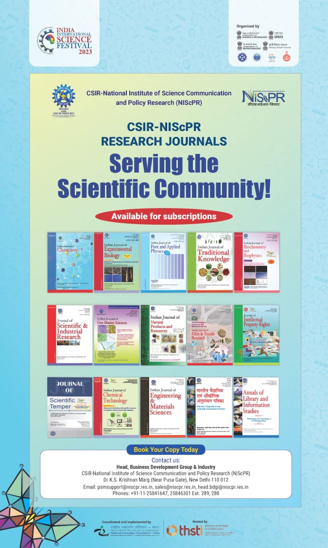 Book your copy of @CSIR_NIScPR Research Journals at #IISF2023 DBT RCB-THSTI Faridabad Haryana 17-20 January 2024 @PMOIndia @DrJitendraSingh @IndiaDST @CSIR_IND @karandi65 @DrNKalaiselvi @nifindia @Vibha_India @SMCC_NIScPR @DBTIndia @THSTIFaridabad @PrinSciAdvOff @DBTIndia