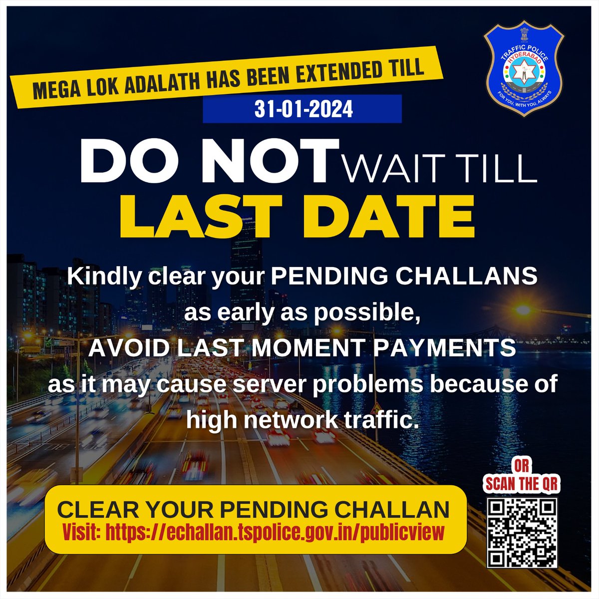 Hyderabad Traffic Police (@hydtp) on Twitter photo HYDTPinfo
🚦Attention Drivers, clear your Pending #TrafficChallans Now!🚦
DO NOT WAIT FOR TILL LAST DATE 31-01-2024
Take a moment to check your status and settle your vehicle #discount fines #ClearChallansNow.
<a href="/AddlCPTrfHyd/">P. VISWA PRASAD, IPS</a> HYDTPinfo
🚦Attention Drivers, clear your Pending #TrafficChallans Now!🚦
DO NOT WAIT FOR TILL LAST DATE 31-01-2024
Take a moment to check your status and settle your vehicle #discount fines #ClearChallansNow.
<a href="/AddlCPTrfHyd/">P. VISWA PRASAD, IPS</a>
