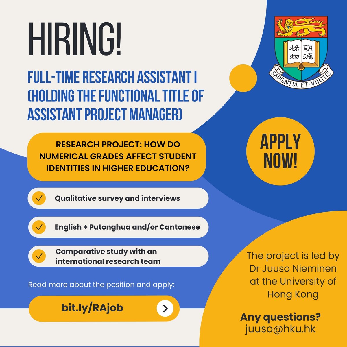 I'm hiring! 📢 Interested in qualitative higher education studies? I am looking for a full-time research assistant for a project about assessment and student identities. English and Chinese proficiency is required. See the link for more details: bit.ly/RAjob