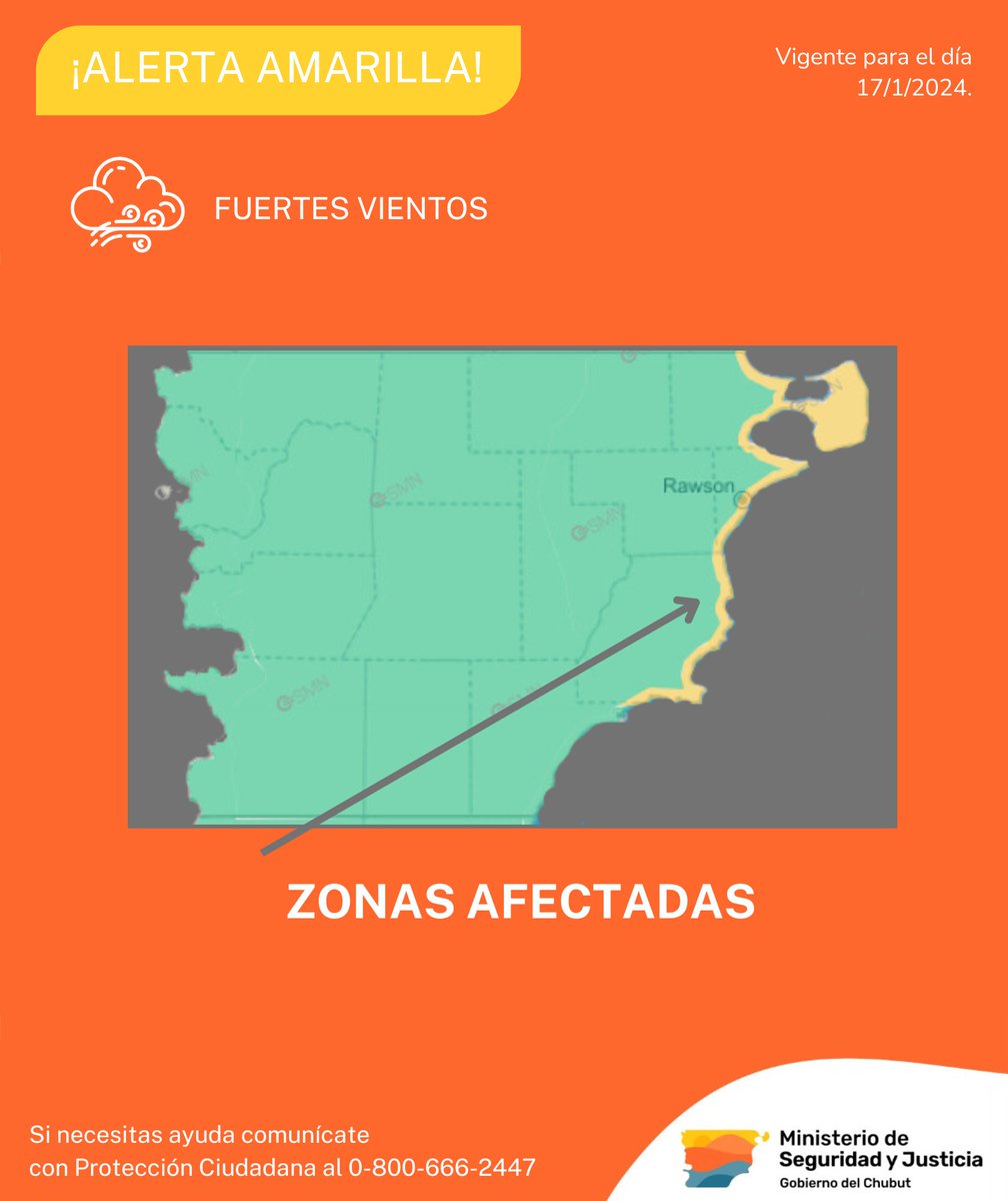DcChubut's tweet photo. ⚠ La Subsecretaría de Protección Ciudadana dependiente del Ministerio de Seguridad y Justicia, informa sobre la zona de cobertura del alerta amarilla por fuertes vientos, emitido por el Servicio Meteorológico Nacional prevista para la noche del día miércoles 17 de enero. https://t.co/cu9gcgeesz