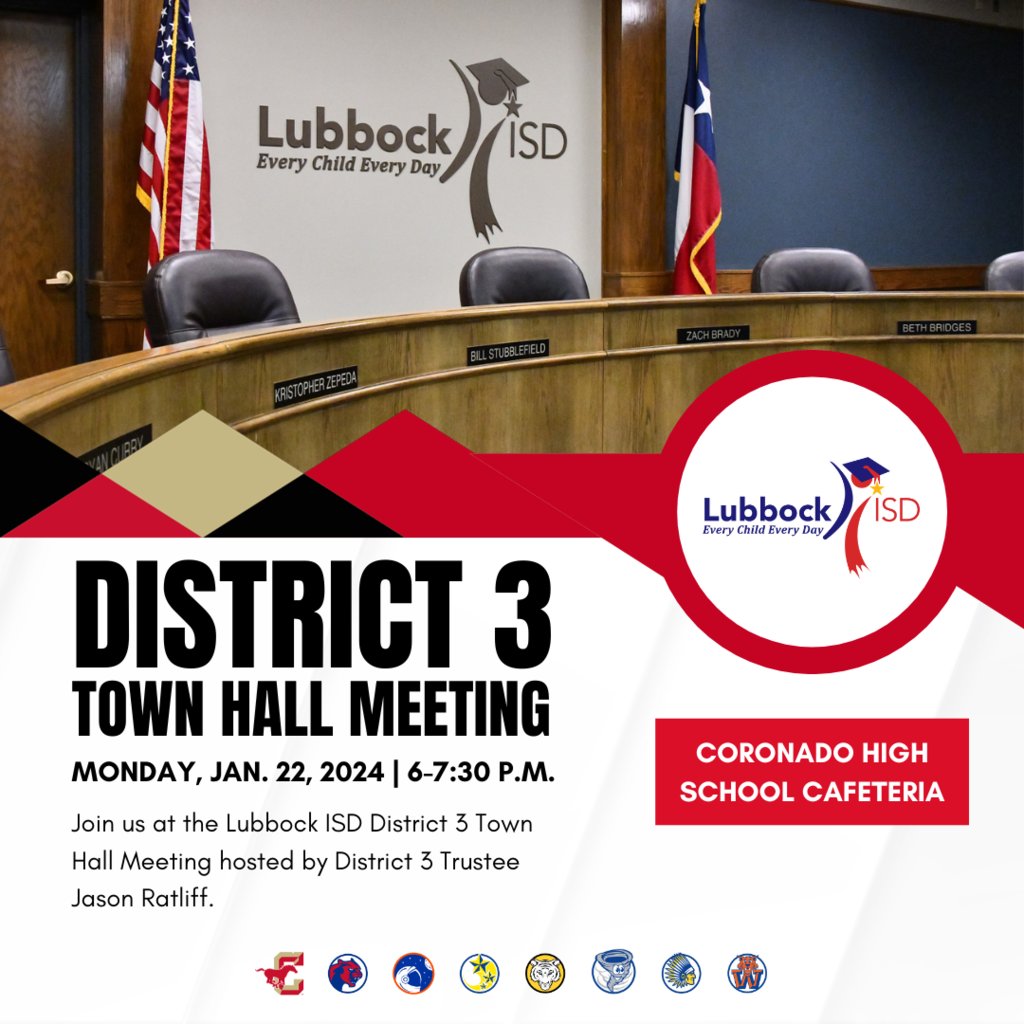 Mark your calendars and join us on Monday, Jan. 22 for our District 3 Town Hall Meeting! #WeAreLubbockISD