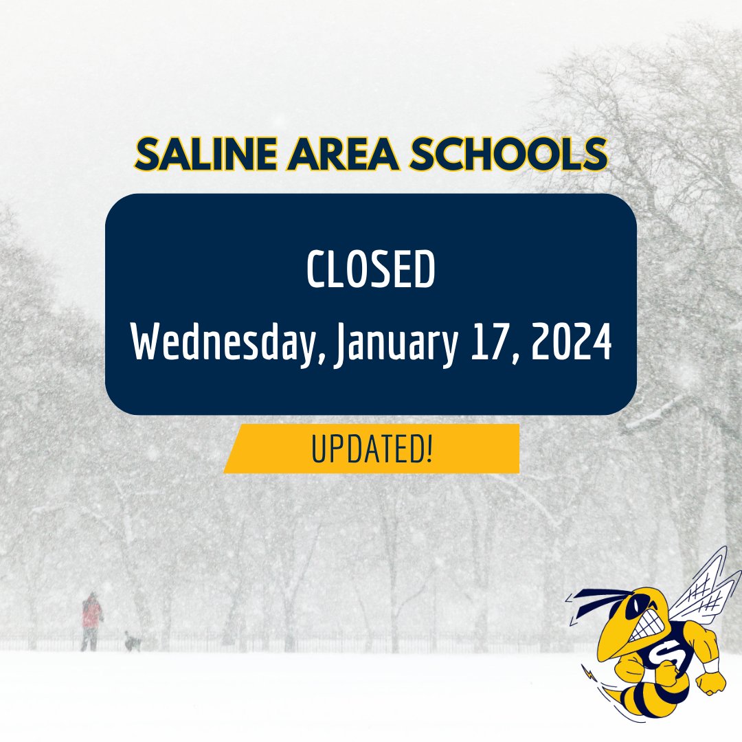 Updated weather projections indicate that wind chills would meet or exceed our District's threshold (-25). As a result, out of an abundance of caution, Saline Schools will be CLOSED on Wednesday, January 17. (Previous post deleted for clarity)