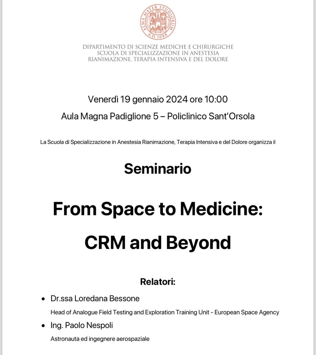 Human factor and CRM in #space and #medicine. This Friday in Bologna with @LoredanaBessone @ESA_CAVES @astro_paolo @carenzmd. Don’t miss it!!