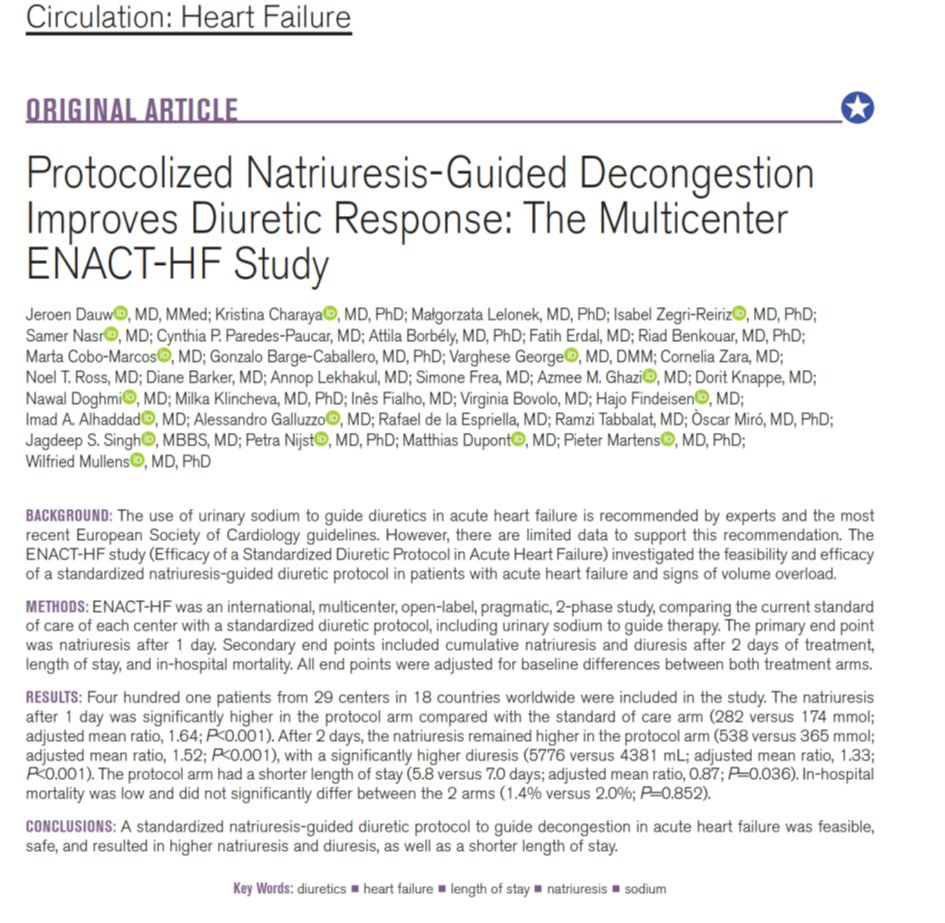 Natriuresis-guided decongestion improves diuretic response. Results of our #ENACTHF study were published today in @CircHF A thread 🧵 below doi.org/10.1161/CIRCHE… #cardiotwitter #heartfailure #HFA_ESC #MedTwitter @wilfriedmullens